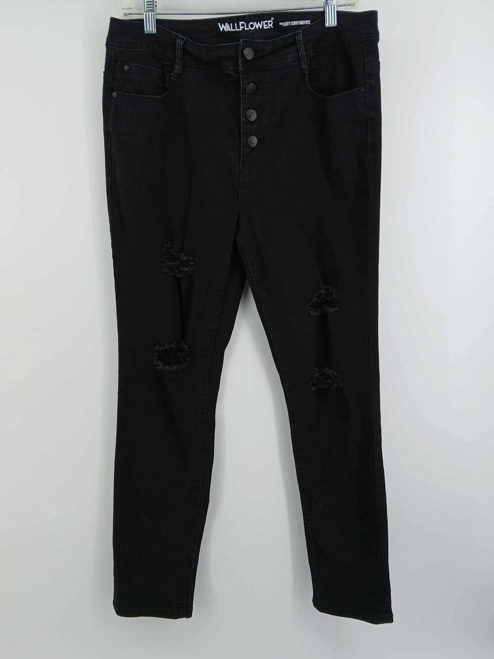 distressed skinny jeans, Wallflower brand, high-rise button fly style